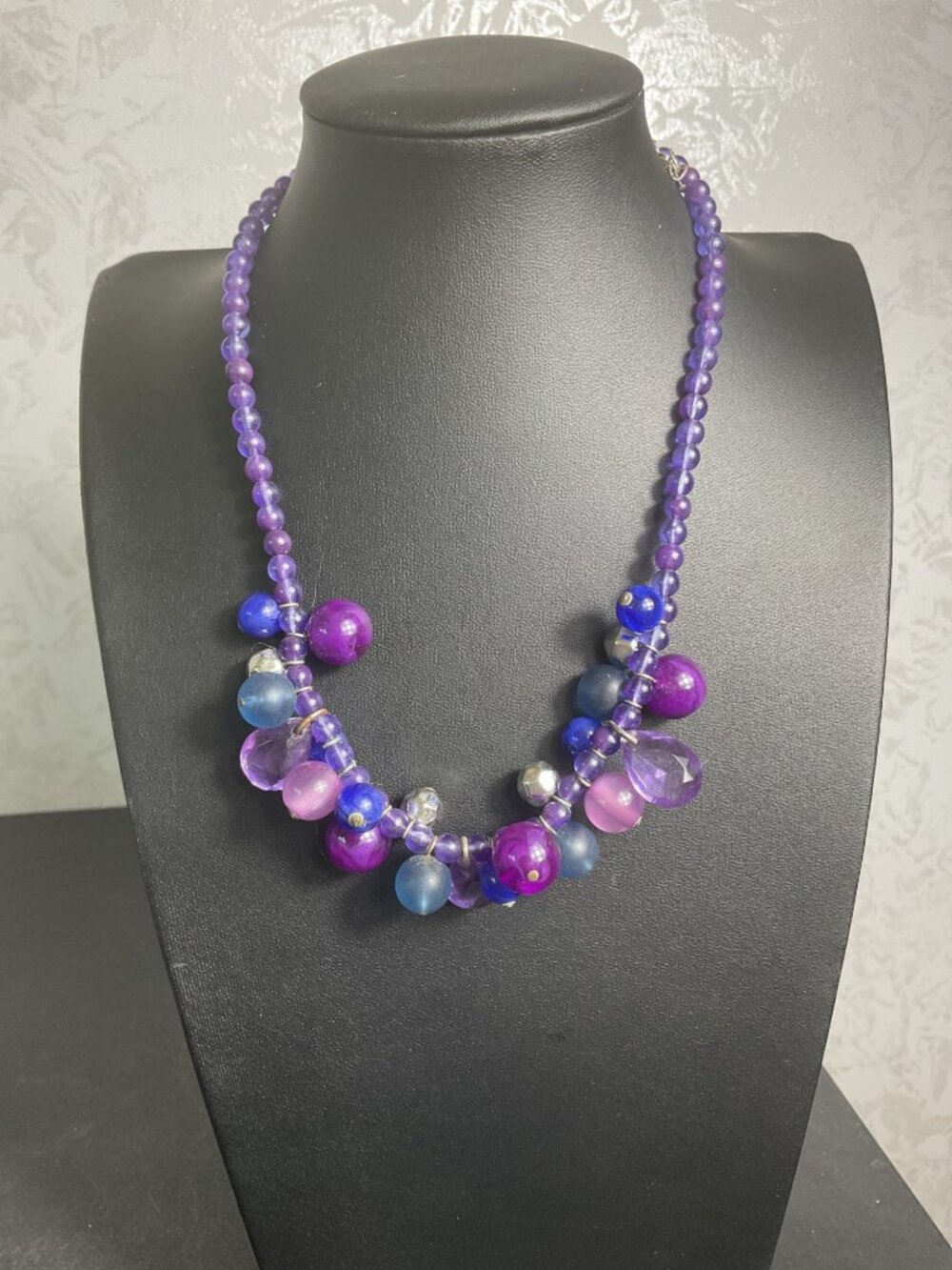 Chunky Purple Beaded Cluster Statement Necklace Bib